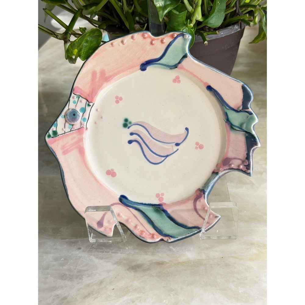 Signed Fish Shaped Ceramic Plate Pink Teal Blue 8.5" Coastal Studio Pottery